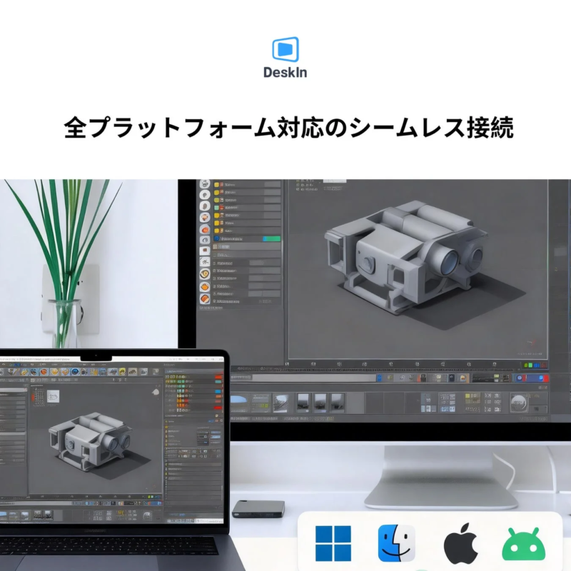 「DeskIn」のロゴと「全プラットフォーム対応のシームレス接続」の文字が印象的。Windows、macOS、Apple、Androidのアイコンが並び、多様なOSに対応したリモートデスクトップサービスを示唆しています。3DモデリングソフトウェアがPC画面に表示されています。