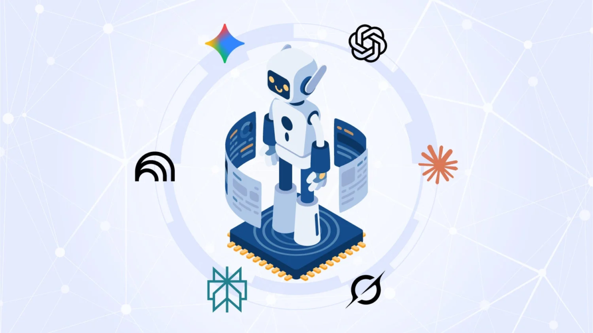 複数のAIサービスロゴとロボット