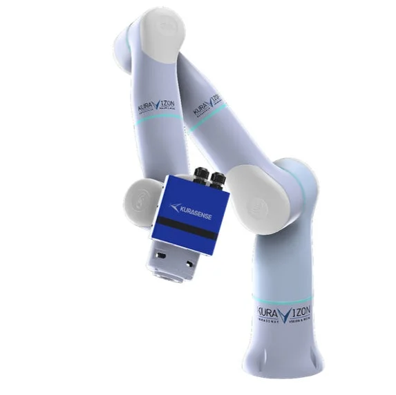 青いセンサーモジュールが取り付けられた、ライトグレーの多関節ロボットアームの画像