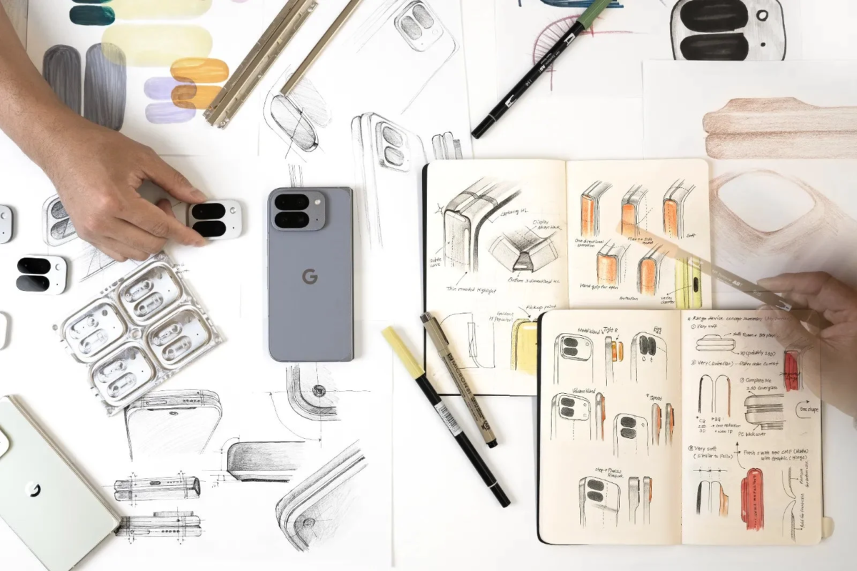 Google Pixelのようなデバイスと設計スケッチ