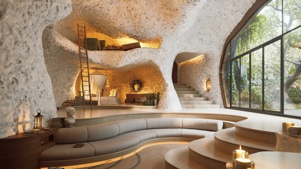 洞窟風の豪華なリビングルーム