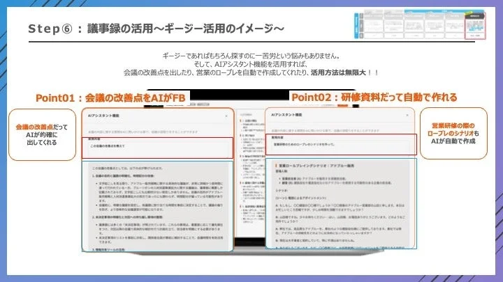 AIアシスタント機能による議事録活用方法のイメージを示すスライド