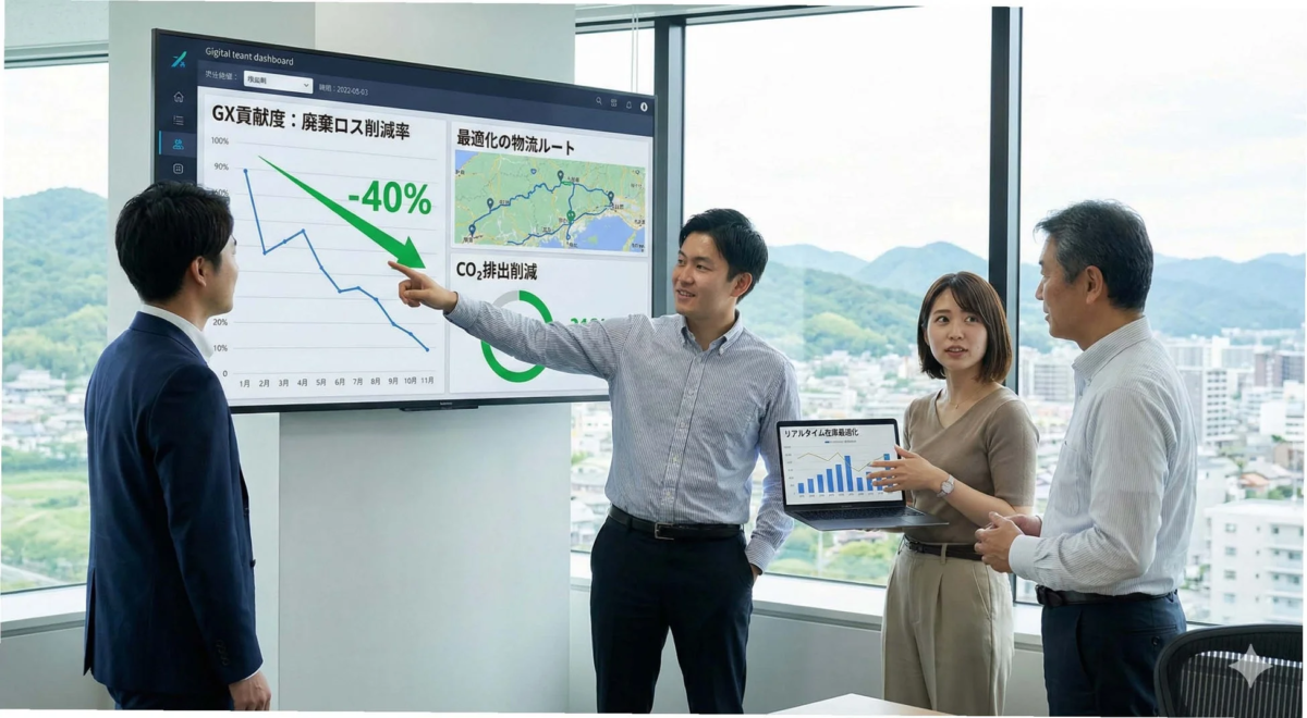 現代的なオフィスで、ビジネスパーソン4人がデータダッシュボードを見ながら会議をしている