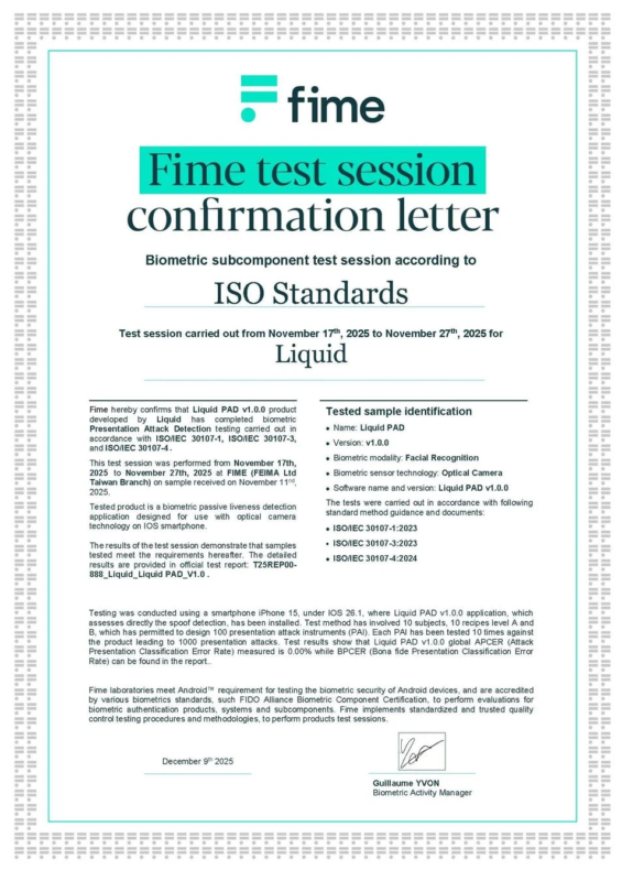 Fime社によるLiquid PADのテスト結果確認書