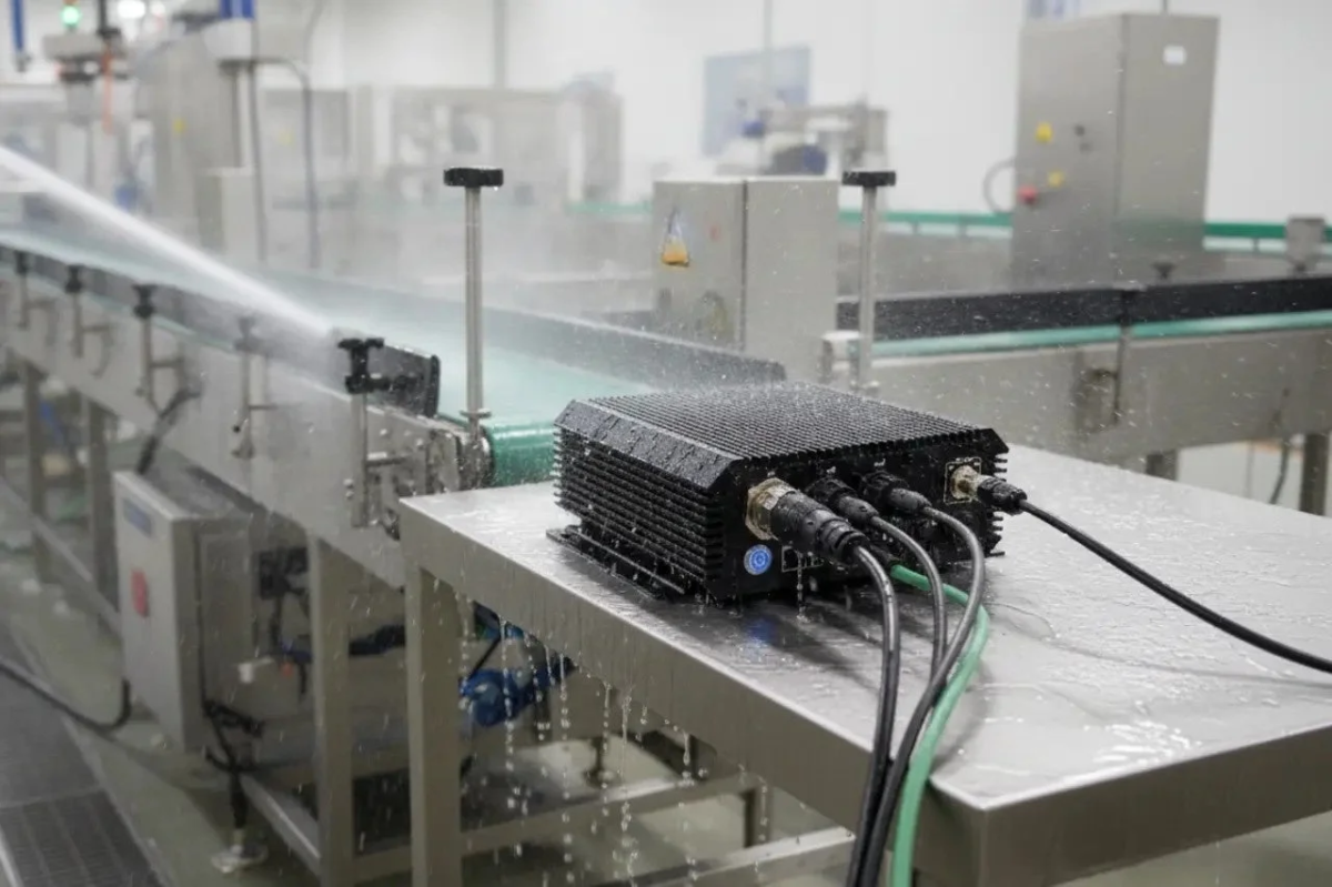 工場の生産ラインで水しぶきを浴びるPC