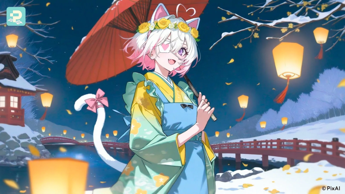 雪が降る冬の夜、猫耳と猫しっぽを持つ少女が和風の着物を着て傘を差し、提灯が浮かぶ幻想的な景色の中に立っているイラスト。