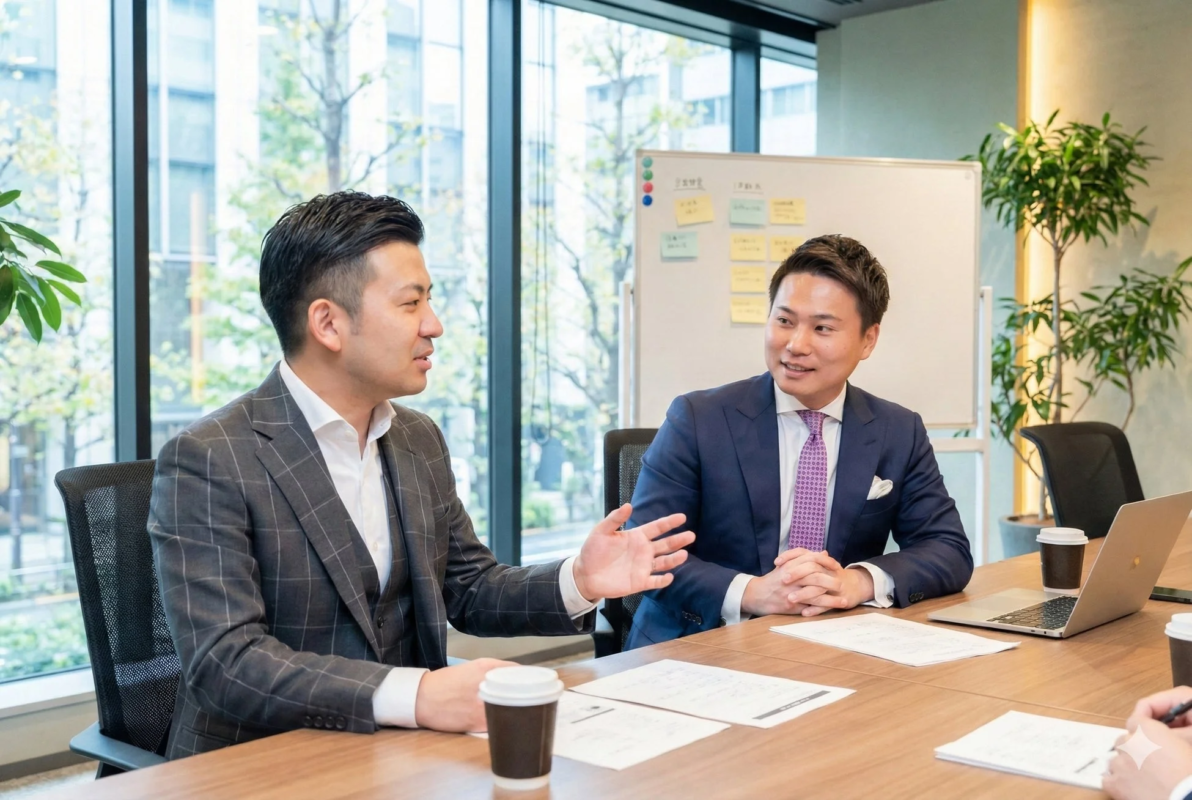 オフィスで話し合うビジネスマンの様子