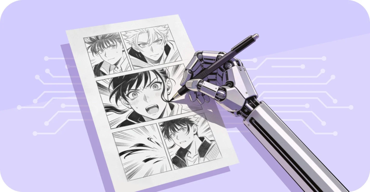 ロボットアームが漫画の原稿用紙にペンでキャラクターを描いている様子。AIによる創作や自動化を表すイラストで、背景には回路図が描かれている。