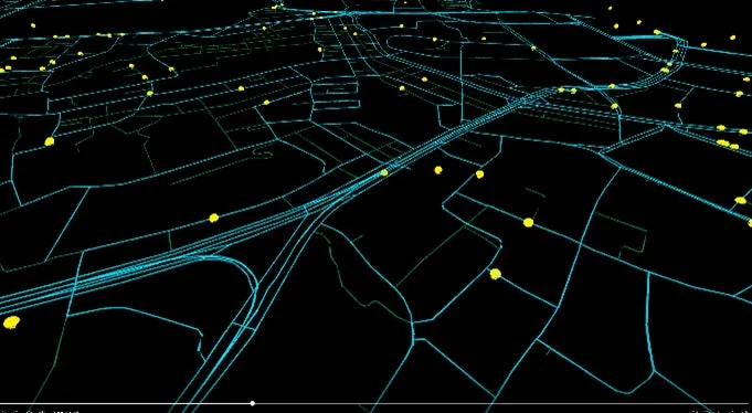 3Dワイヤーフレームで表現された都市の交通網
