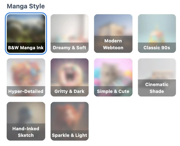 様々な漫画スタイルを選択するユーザーインターフェース