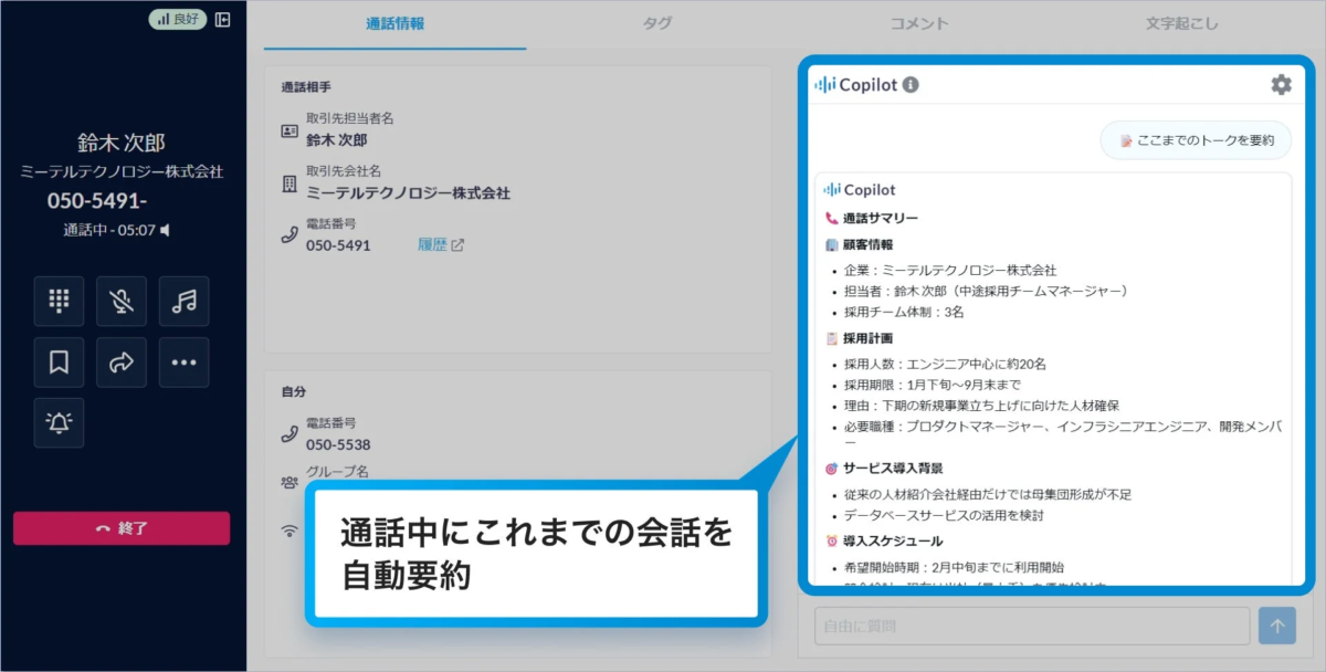 ビジネス通話中にAIアシスタント「Copilot」が会話内容を自動要約する画面。顧客情報、採用計画、サービス導入背景、導入スケジュールなどの詳細がリアルタイムで表示され、通話の効率化を図る機能を紹介しています。