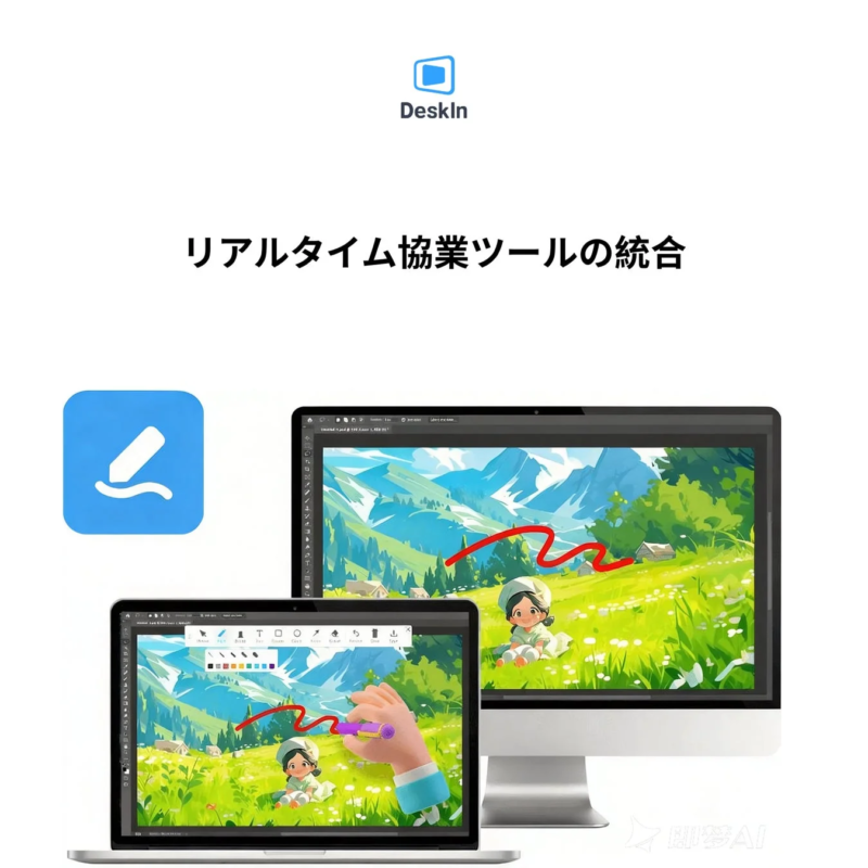 リアルタイム協業ツール「DeskIn」の統合を示す画像。ノートPCとデスクトップで同じデジタル描画画面が同期され、共同作業がスムーズに行える様子を表現しています。