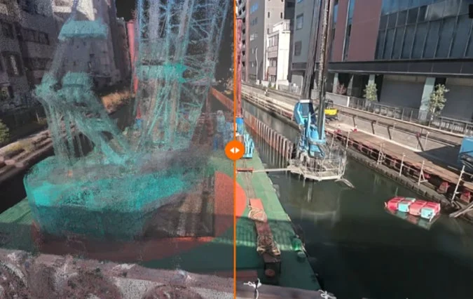 建設現場を撮影した実写画像（右）と、その現場を点群データで表現した3Dモデル（左）を比較した画像です。