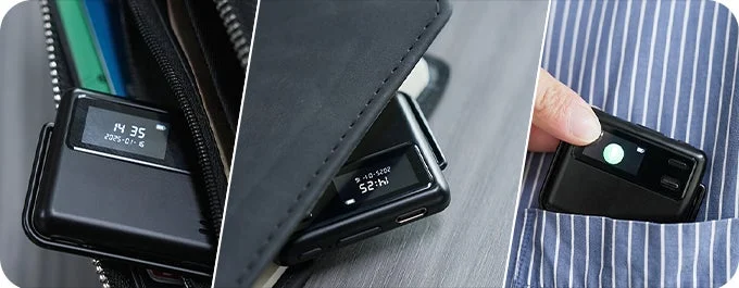 電子機器、小型ガジェット、ポータブル、携帯性、財布、ポケット、手帳、デジタル表示、時刻、日付