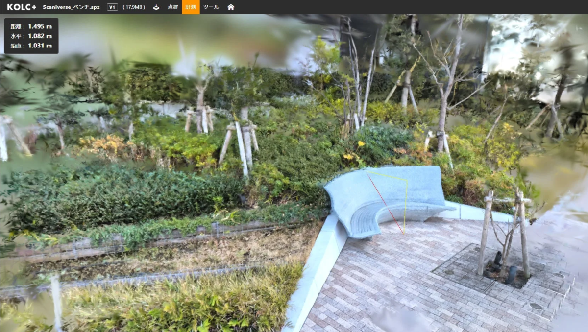公園のような屋外空間を3Dスキャンした画像