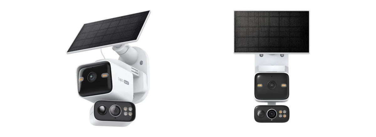 ソーラーパネル付きの白い屋外用監視カメラ