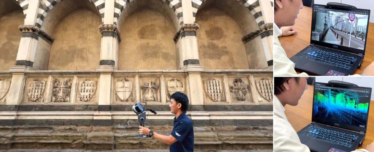 男性が歴史的建造物を3Dスキャナーで測定し、別の人物がMSIのノートパソコンでスキャンデータと点群モデルを確認している様子。