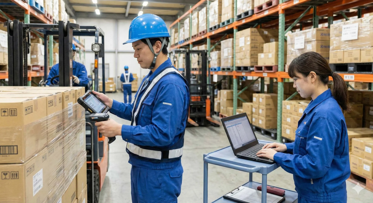 倉庫内で働く2人の作業員が、物流業務に従事している画像