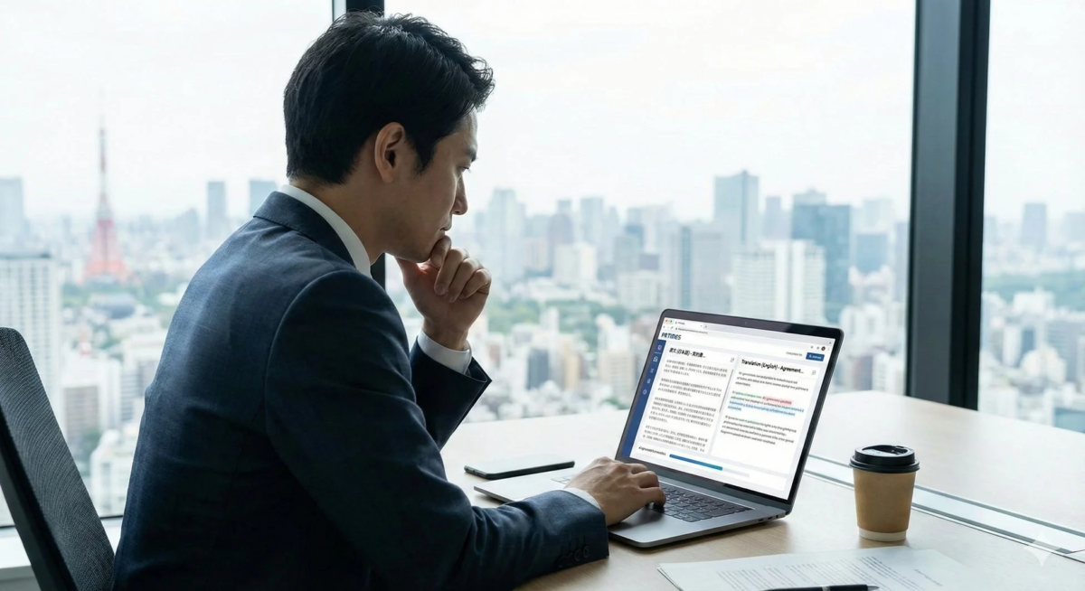 高層ビルが立ち並ぶ東京の景色を背景に、スーツを着た男性がノートパソコンで作業している様子