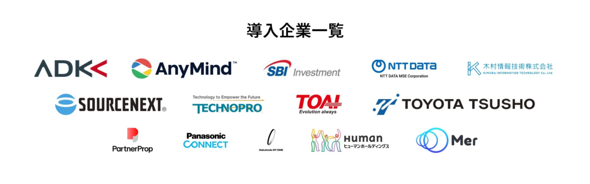 導入企業一覧 ADK AnyMind SBI Investment NTT DATA NTT DATA MSE Corporation 木村情報技術株式会社 KIMURA INFORMATION TECHNOLOGY Co., Ltd. SOURCENEXT Technology to Empower the Future TECHNOPRO TOAI Evolution always TOYOTA TSUSHO PartnerProp Panasonic CONNECT Hakuhodo DY ONE human ヒューマンホールディングス Mer