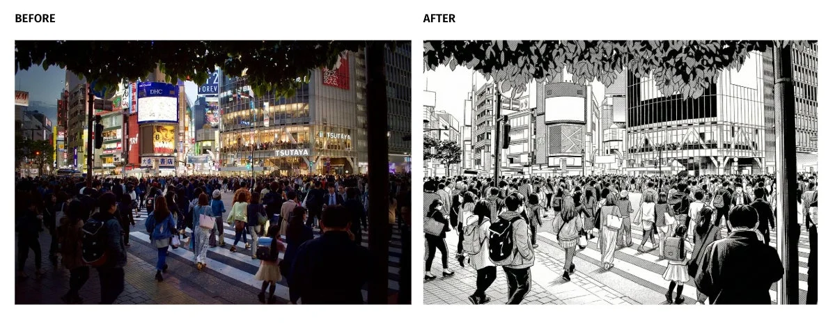 渋谷スクランブル交差点の写真が漫画風イラストに変換される様子
