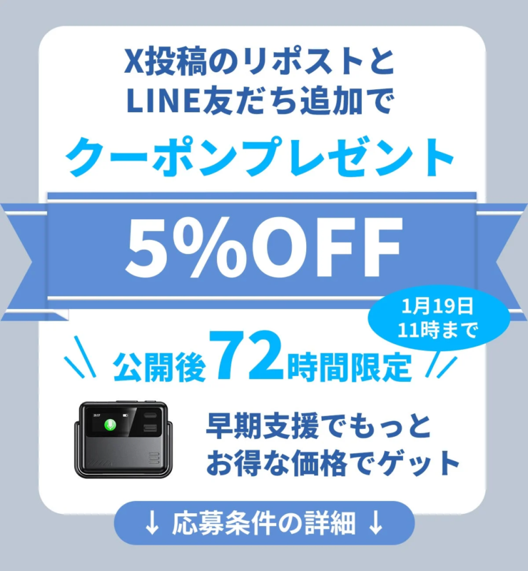 キャンペーン,割引,クーポン,5%OFF,期間限定,SNSキャンペーン,LINE,X,早期支援,ガジェット
