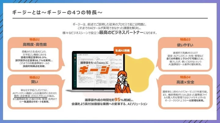 AIソリューション「ギーシー」は、高精度な文字起こし、話者分類、AIアシスタントによる要約・決定事項抽出で議事録作成時間を95%削減します。