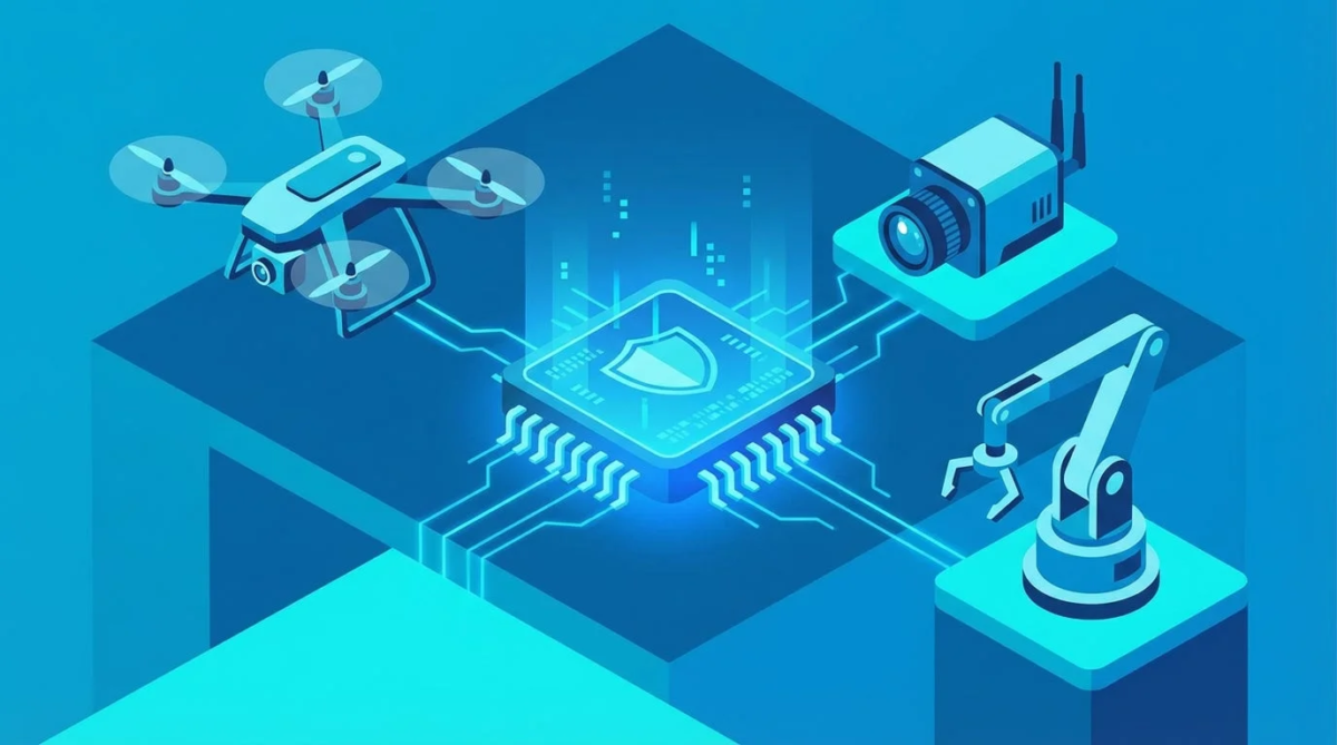 ドローン、セキュリティカメラ、ロボットアームといった現代の技術が、シールドアイコンが描かれた中央の半導体チップを介して連携している様子