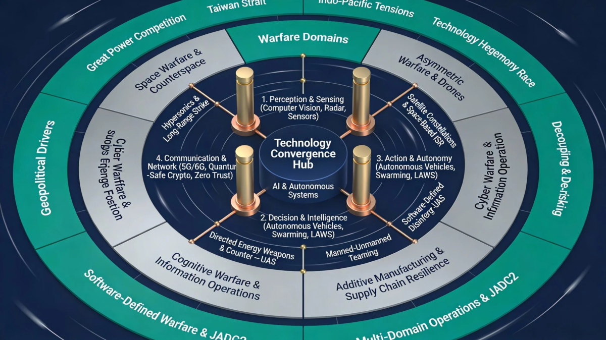 AIと自律システムを核とした技術収斂が、現代の戦争領域と地政学的要因に与える影響を図解した図