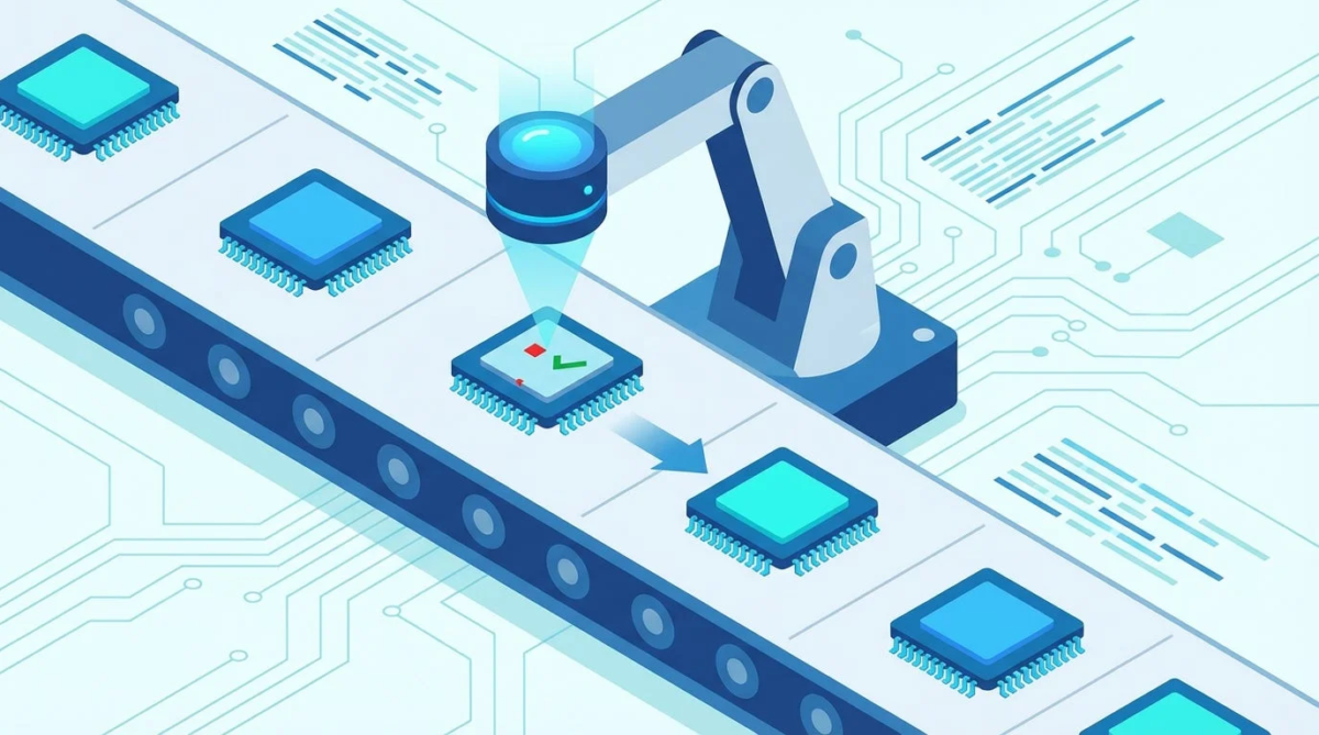 自動化された生産ラインで半導体チップの製造・検査工程を描いたイラスト