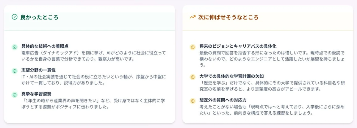 フィードバック詳細、良かった点・伸ばせそうな点