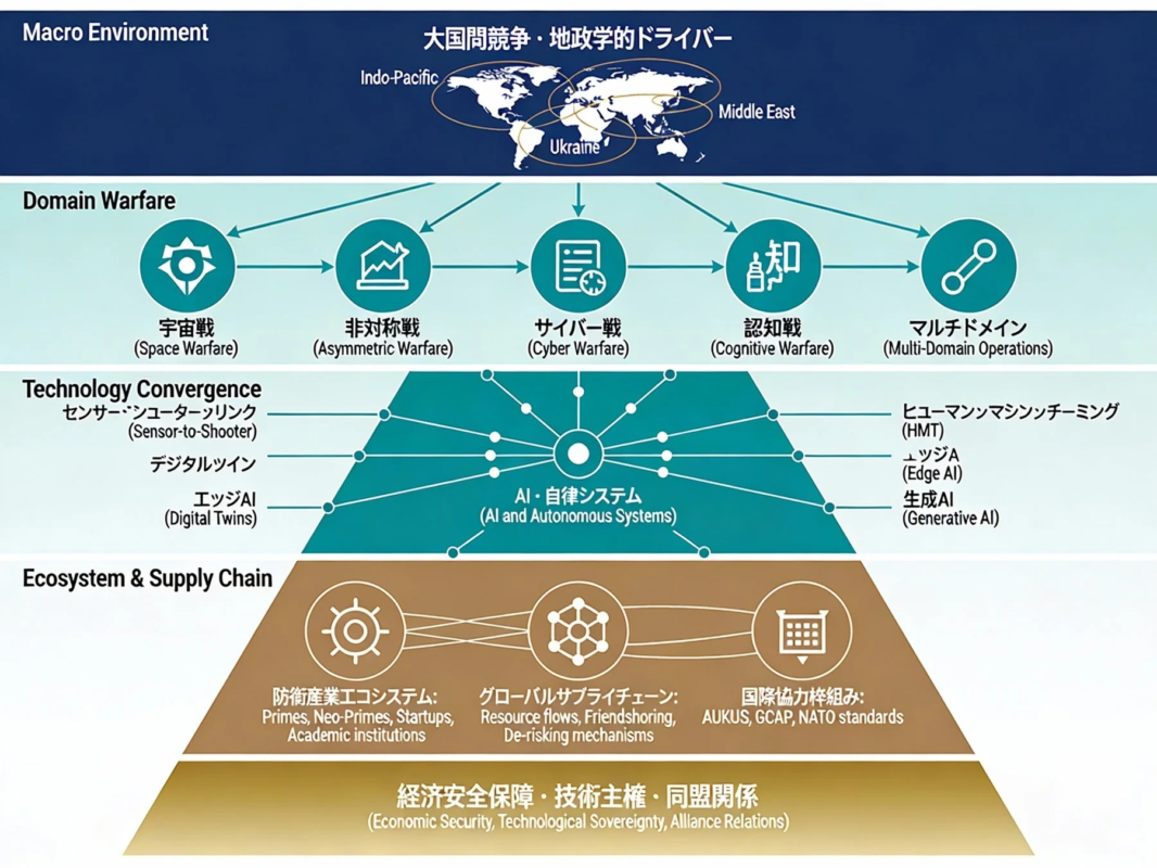 大国間競争と地政学的ドライバーを背景に、ドメイン戦、AI技術融合、防衛エコシステム、国際協力が経済安全保障、技術主権、同盟関係に及ぼす影響を構造的に示した図