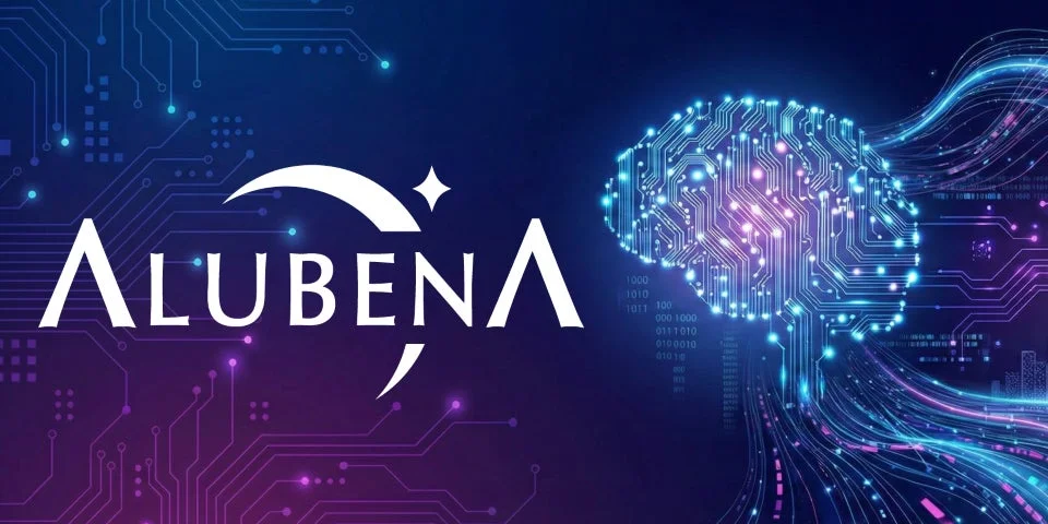 未来的な青と紫の背景に、回路基板のパターンで構成された光る脳のイメージ