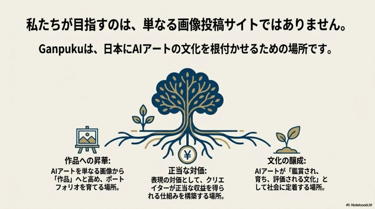 Ganpukuは、AIアートを単なる画像投稿ではなく「作品」へと昇華させ、クリエイターが正当な収益を得て、社会にAIアート文化を根付かせるためのプラットフォーム