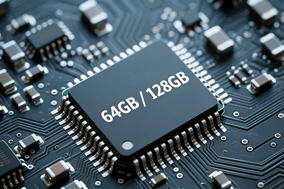 回路基板に搭載されたマイクロチップがクローズアップされており、チップには「64GB / 128GB」と表示されています。