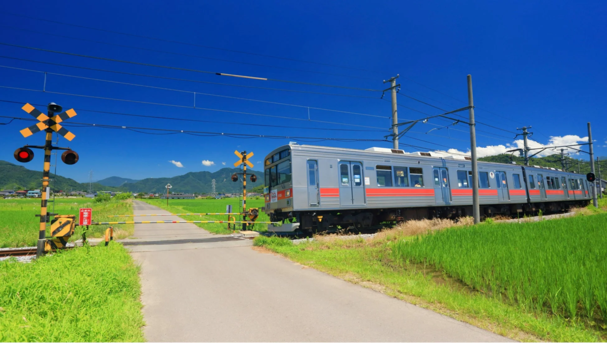 田んぼの中の踏切