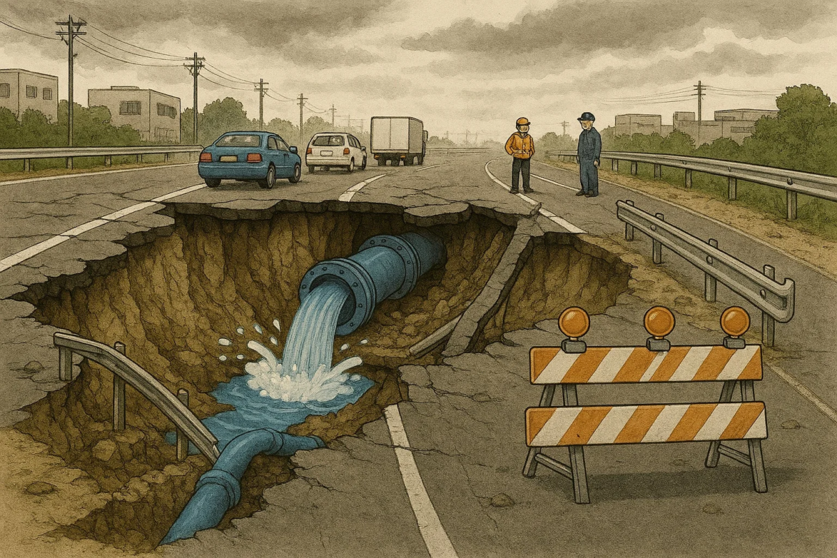 道路陥没と水漏れの様子