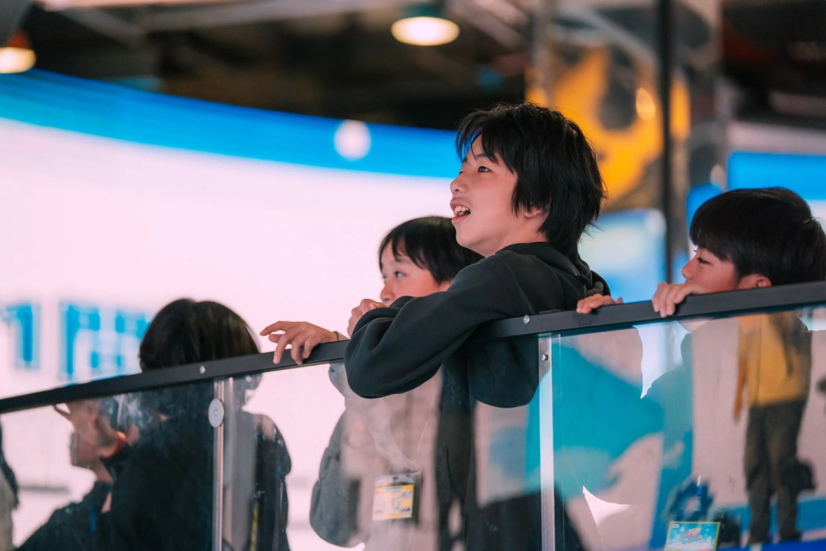 ガラスの仕切り越しに何かを熱心に見つめる子供たち