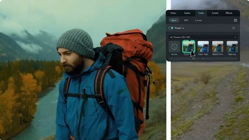 ビデオ編集ソフトウェアのカラー補正パネル