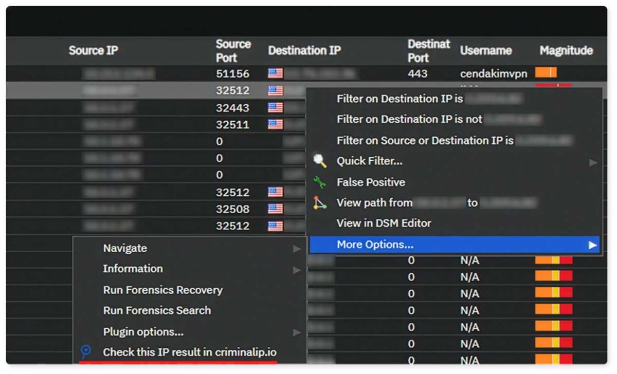 ネットワークトラフィックを監視するツールのユーザーインターフェースが表示されており、IPアドレスやポートなどのデータが表形式で並んでいます