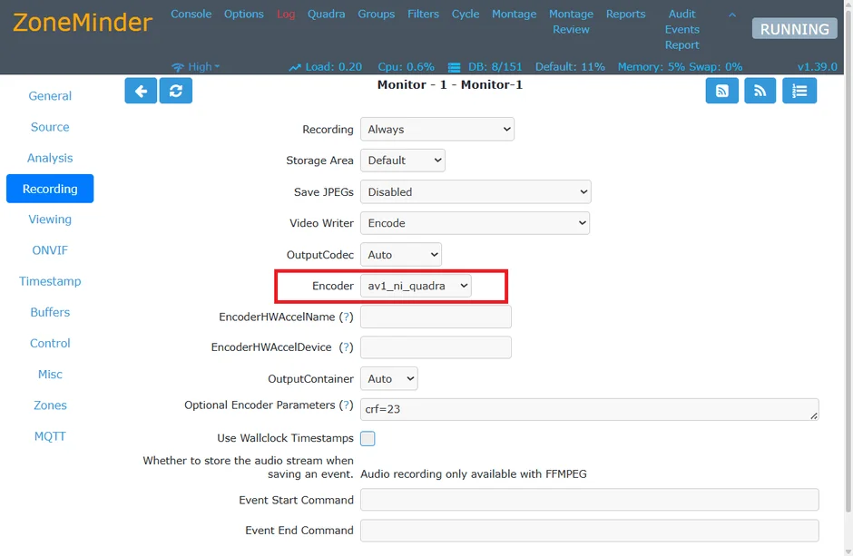 ZoneMinderのウェブインターフェースにおける録画設定画面