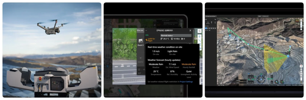 ドローンが飛行している様子と自動運用ステーションの管理ソフトウェア画面