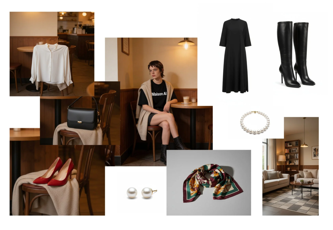 ファッションアイテムと女性のコラージュ