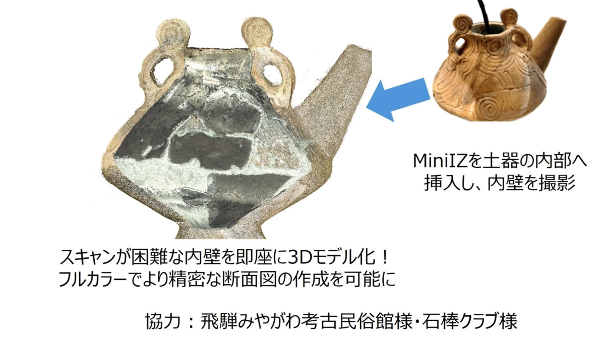 MiniIZを土器の内部へ挿入し、内壁を撮影している様子