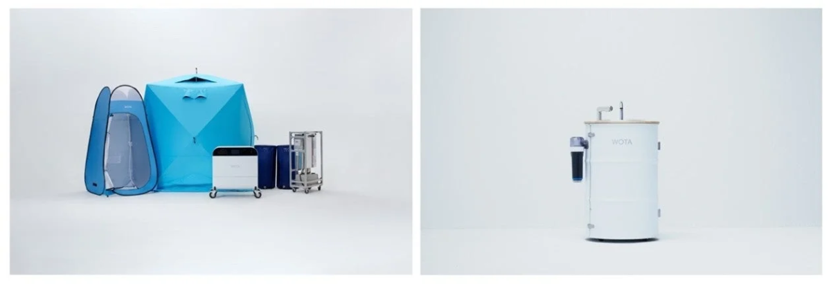 WOTAのロゴが入ったポータブル水処理システムやシャワーテント