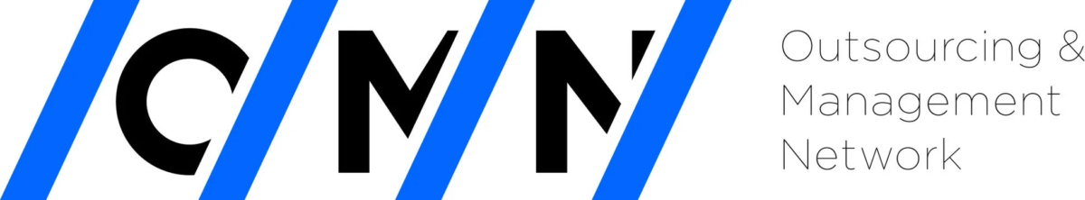 青い斜線が交差する黒い「CMN」の文字と、「Outsourcing & Management Network」というテキストが特徴のロゴ画像