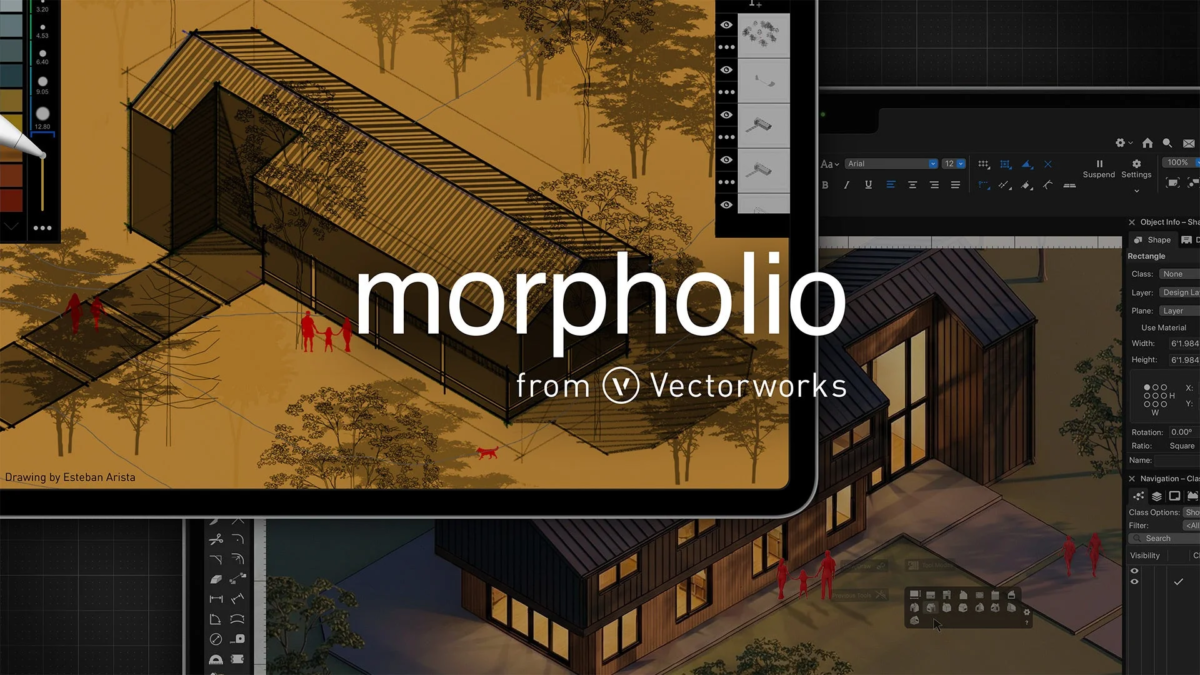 VectorworksのMorpholioアプリで作成されたモダンな建築デザインの画面