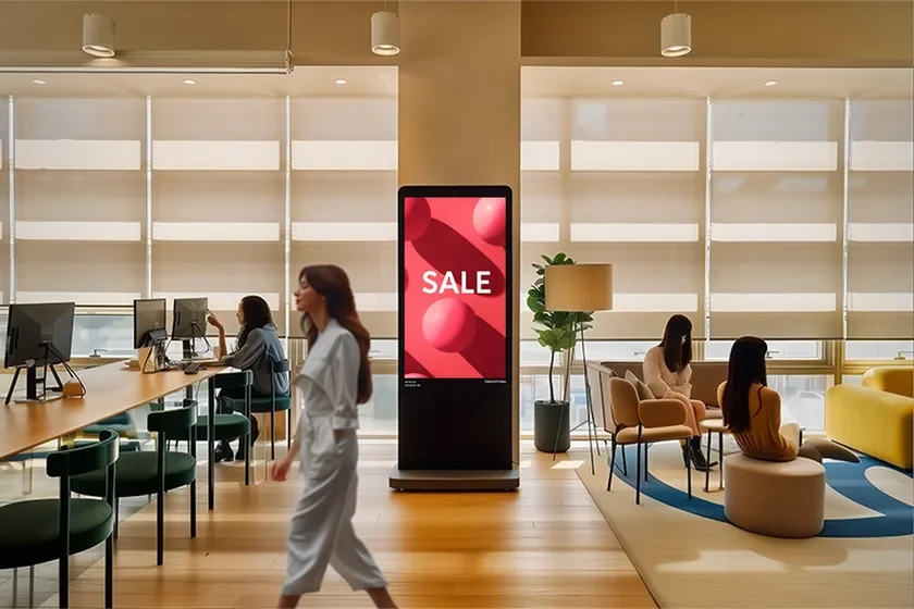 現代的なオフィス空間で、人々が仕事や休憩をしている様子が描かれています。中央のデジタルサイネージには「SALE」と表示され、活気ある雰囲気を演出しています。
