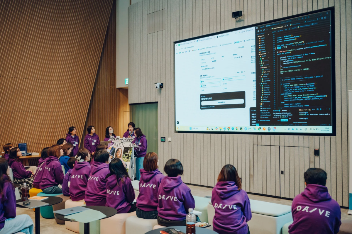 Ms. Engineerのイベントで、女性たちがプレゼンテーションに耳を傾けている