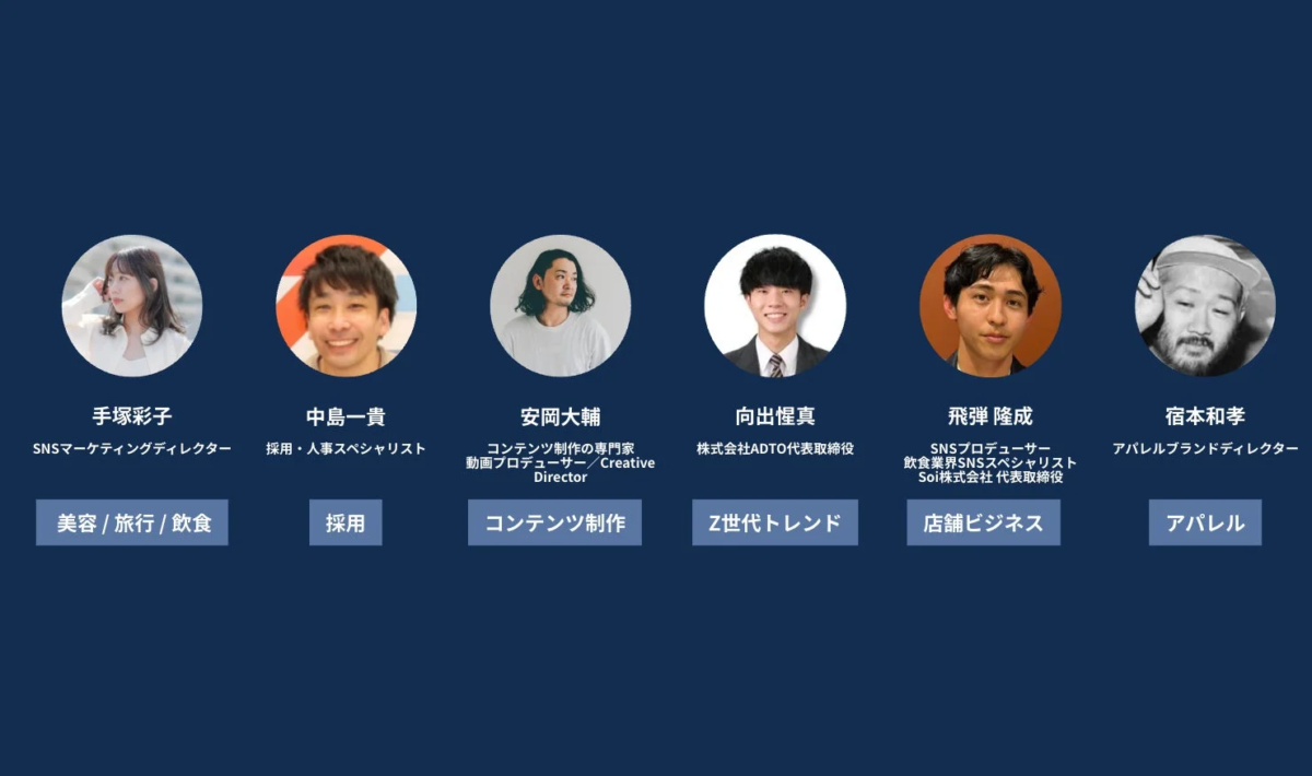 SNSマーケティング、採用、コンテンツ制作、Z世代トレンド、飲食業界、アパレルといった多岐にわたる分野の専門家6名を紹介する画像